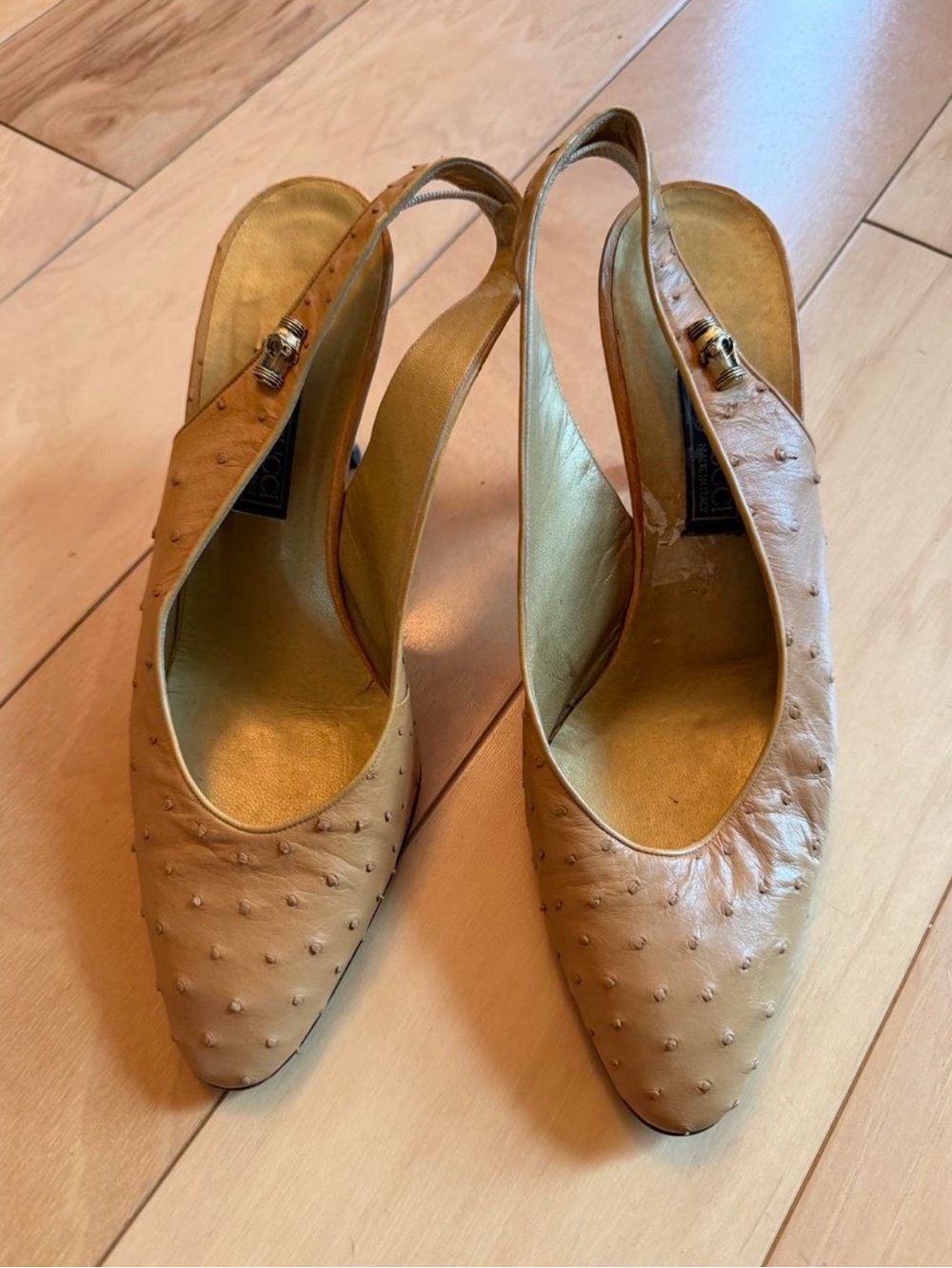 Gucci Tan Ostrich Leather Slingback Mules